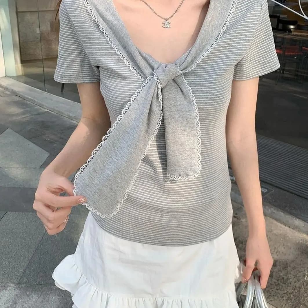 2026 Korean Lace Trim Tie Neck Striped T Shirt Women Short Sleeve Slim Fit Elegant Casual Y2K Summer Fashion Daily Basic Tops