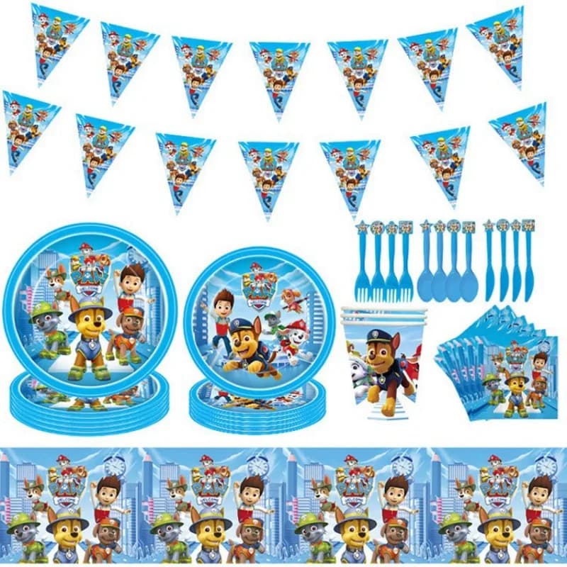 Serie Paw Patrol Forniture per banchetti per feste di compleanno Piatto di carta Tovaglia Bandiera Coltello Forchetta Cucchiaio Banner Set Festa di compleanno per bambini