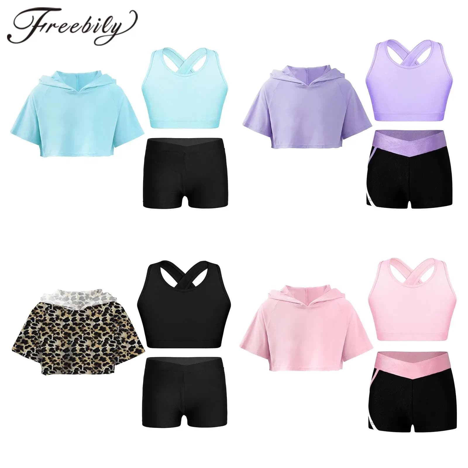 Completo da ginnastica per allenamento da ragazza per bambini Set da yoga Buco della serratura Gilet posteriore Pantaloncini Manica corta con cappuccio Crop Top Sport per adolescenti Tute sportive