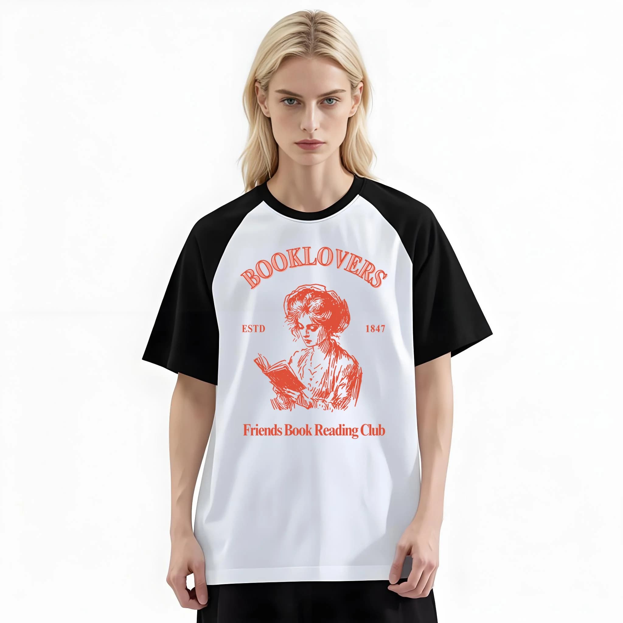 Women'S Fashion Raglan Sleeve T-Shirt, Booklovers Vintage Red Sketch Reading Lady Book Club Printed, Summer Casual Comfortable Tee, Women'S Everyday Short-Sleeve Top