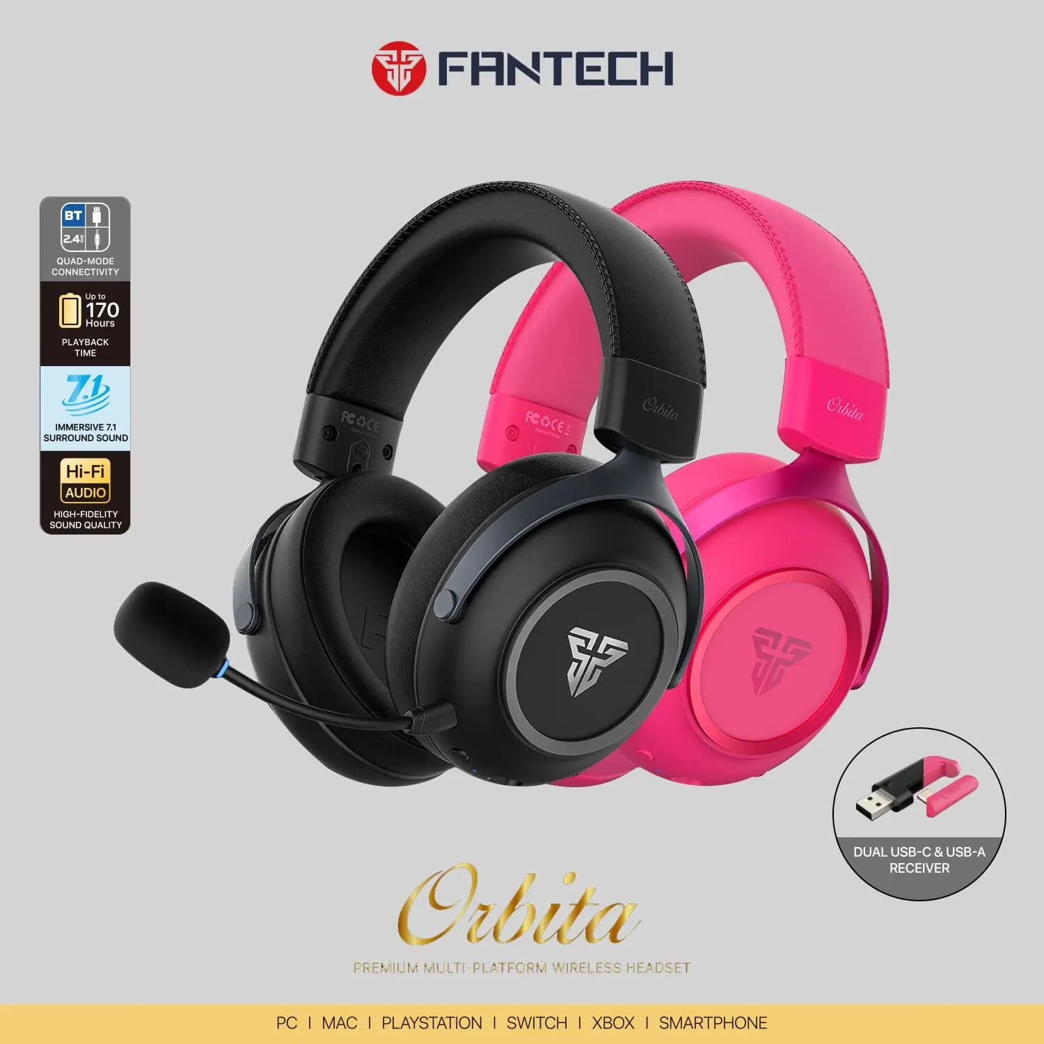 FANTECH Orbita WHG07 wireless gaming headphones with 53 mm loudspeakers, Hi-Fi 7.1 surround sound and noise reduction microphone for FPS players