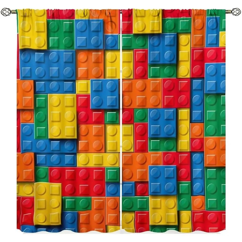 Colorful Geometric Toy Brick Print Curtains for Nursery, Kids' Bedroom or Playroom - 2 Panels, 84 W x 84 L Blackout