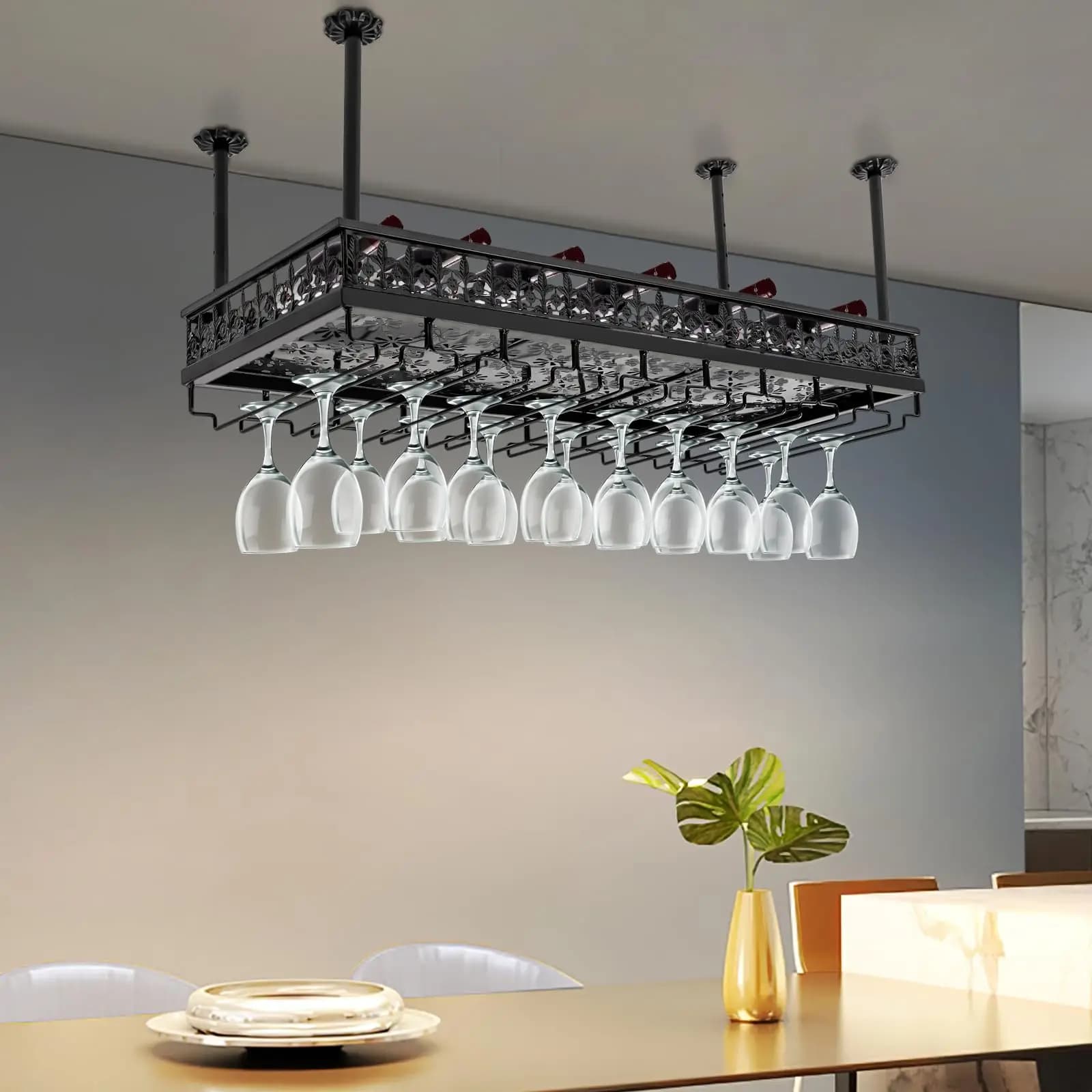 Portabottiglie da appendere con portabicchiere, portabicchieri da vino da soffitto, portabottiglie da appendere industriale regolabile in altezza da 13,78-21,65 pollici Cei