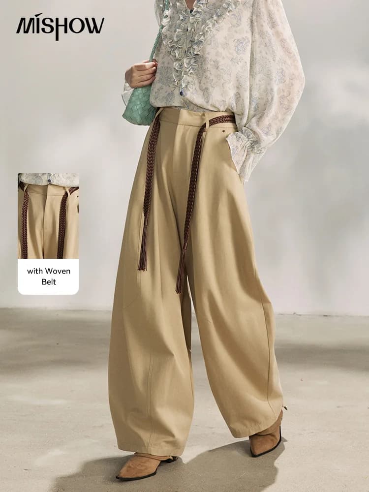 MISHOW Women's Khaki Wide Leg Pants 2026 Spring High Waist Belted Pants Rear Fake Pocket Design Casual Loose Trousers MXF13K1237