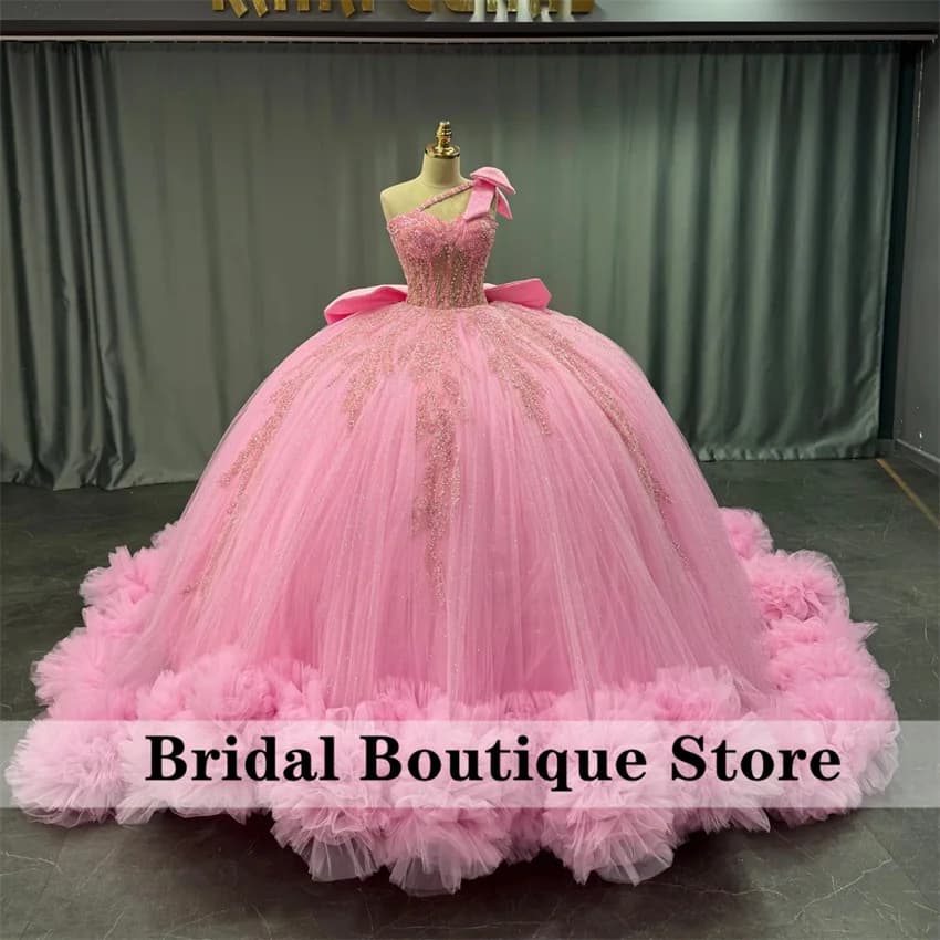 Shiny Pink Quinceanera Dress off-shoulder glitter Beading layering Long tail vestidos de 15 Quinceanera Ball Gown Customize
