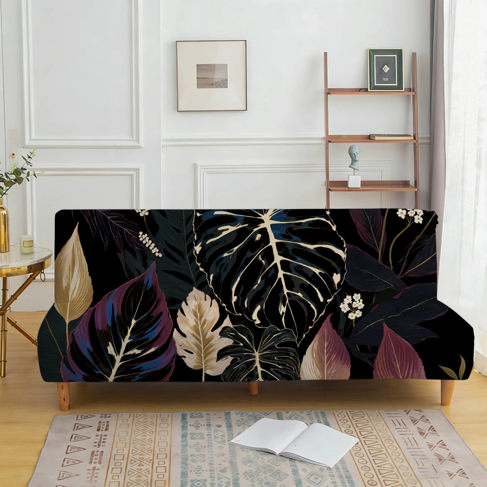 Copridivano stampato con motivi vegetali su sfondo nero, nuova fodera protettiva decorativa per divano, facile installazione, lavabile in lavatrice
