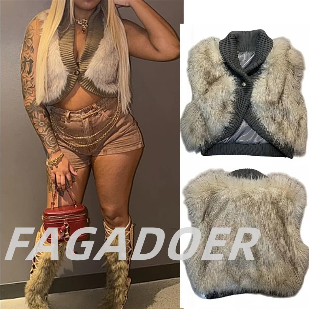 FAGADOER Vest patchwork in knitted fur sexy for women Short sleeveless jackets American retro solid color Women's streetwear clothing