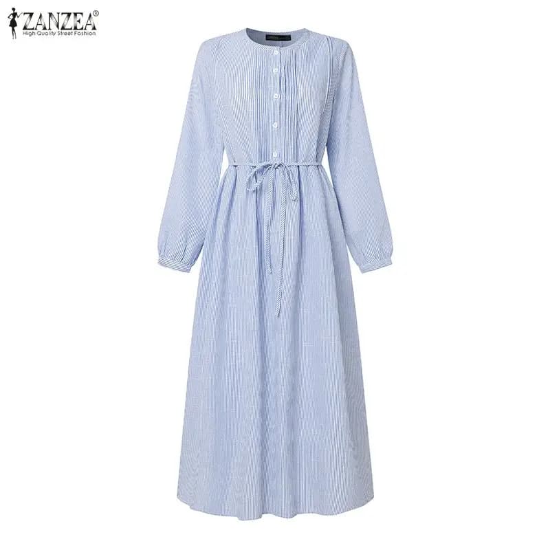 ZANZEA 2026 Abito a Righe a Maniche Lunghe da Donna, Elegante per L'Ufficio, Vestito Casual da Vacanza con Bottoni, Robe Femme