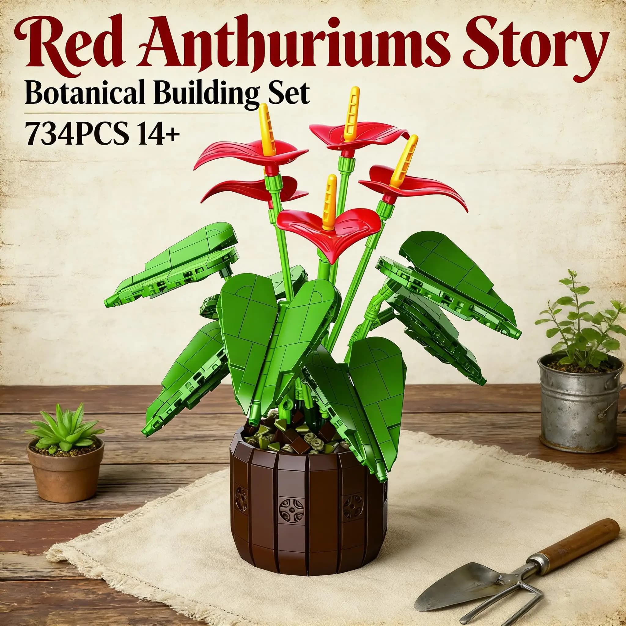 732 Pezzi Fiori di Anthurium Rossi, Blocchi da Costruzione Bonsai, Modello di Pianta in Vaso, Ornamento da Scrivania, Giocattolo Educativo Fai-da-Te per Adulti, Regalo