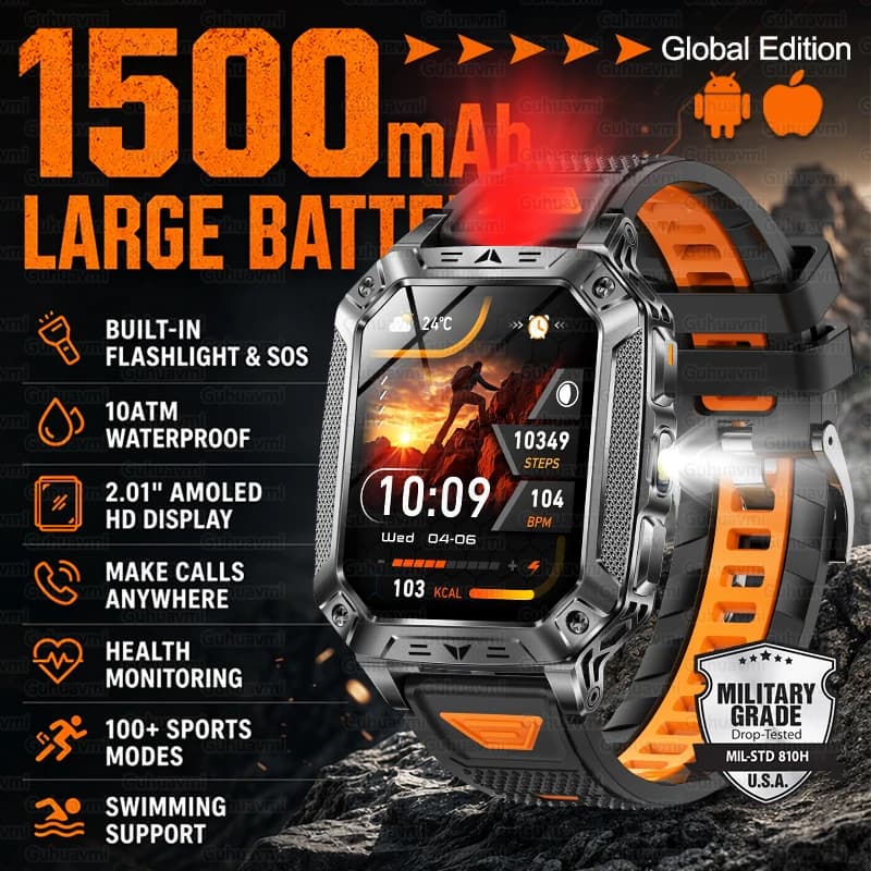 New 1500mAh Military Outdoor Smartwatch For Men LED Flashlight IP69K Waterproof GPS Sports 2.01-inch Bluetooth Call Smart Watch
