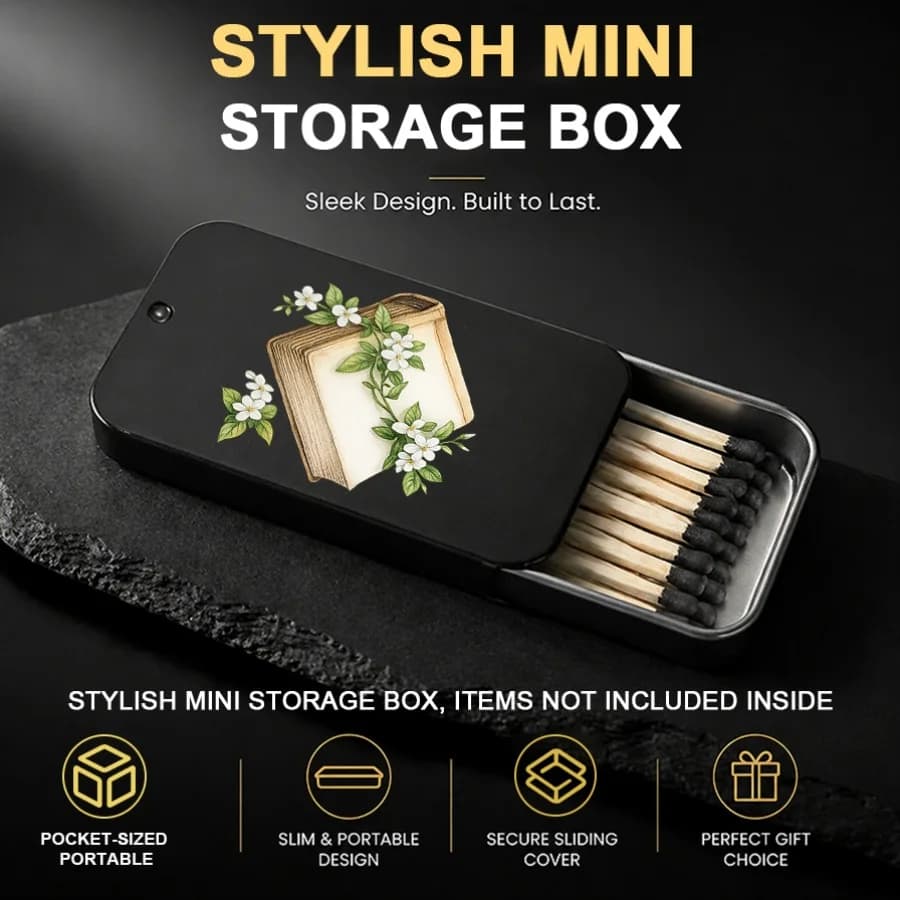 Jasmine And Bookmark Patterned Sliding Lid Storage Box. Portable Mini Case for Jewelry And Small Trinkets. Empty Inside. Ideal Gift for Easter, Christmas, Valentine'S Day metal match box
