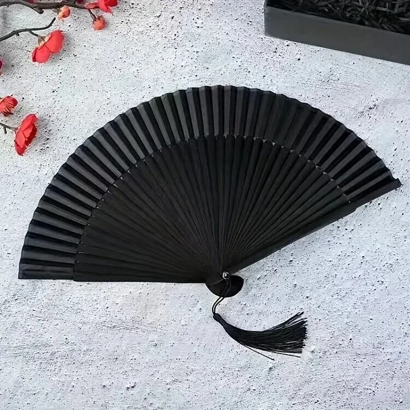 1pc Vintage Handmade Bamboo Folding Fan, Black Traditional Chinese Japanese Style, Lightweight for Wedding Photography Decor