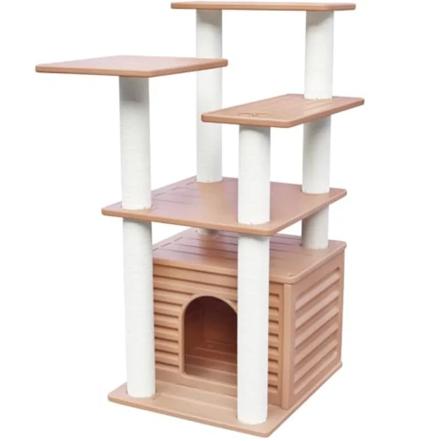 Torre per Gatti da Interno ed Esterno 46, Cuccia per Gatti da Esterno Resistente alle Intemperie con Tiragraffi, Marrone, Durevole, Naturale