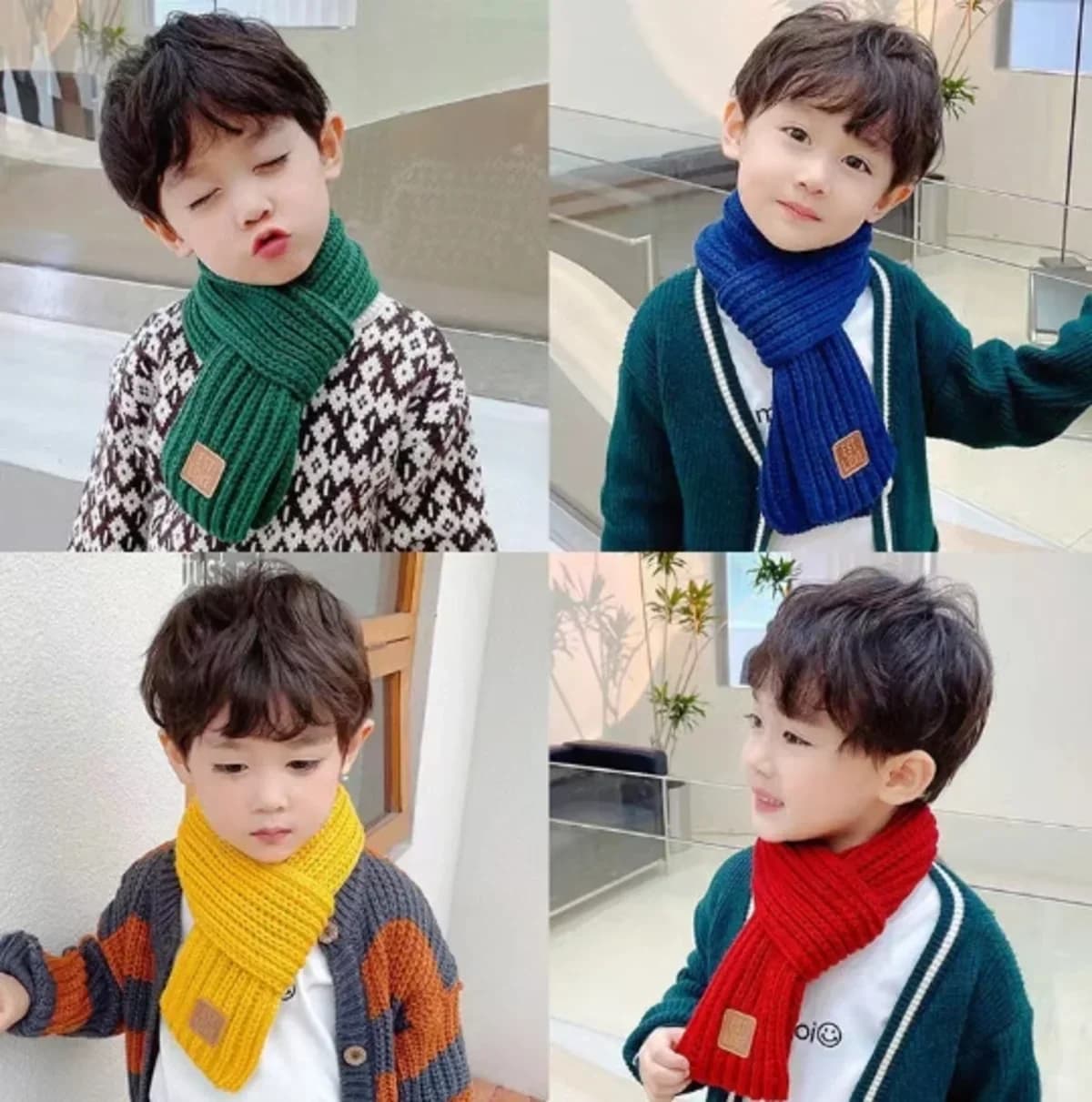Korean Style Toddler Knitted Crossover Scarf Ultra Soft Ribbed Neck Gaiter with Vintage EST Leather Label
