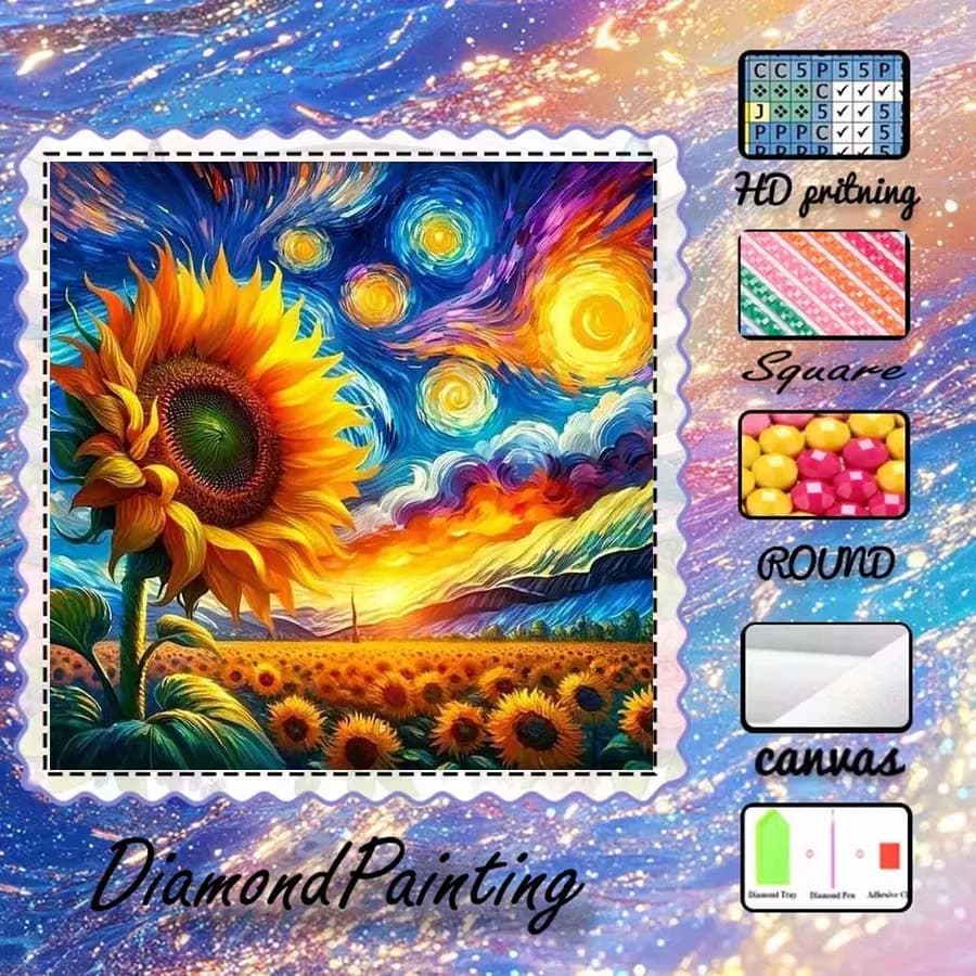 1 pezzo di tessuto floccato 5D fai da te, trapano speciale, kit per pittura con diamanti, girasole, notte stellata, mosaico con motivi, arte con diamanti