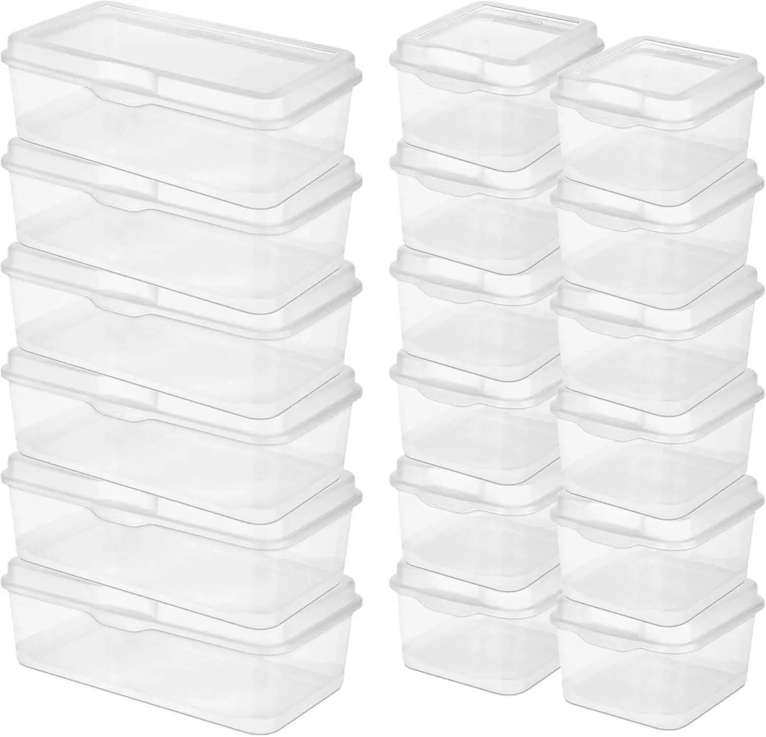 Large storage box with FlipTop closure, 6 pack, and small storage box with FlipTop closure, 12 pack for office and house organization