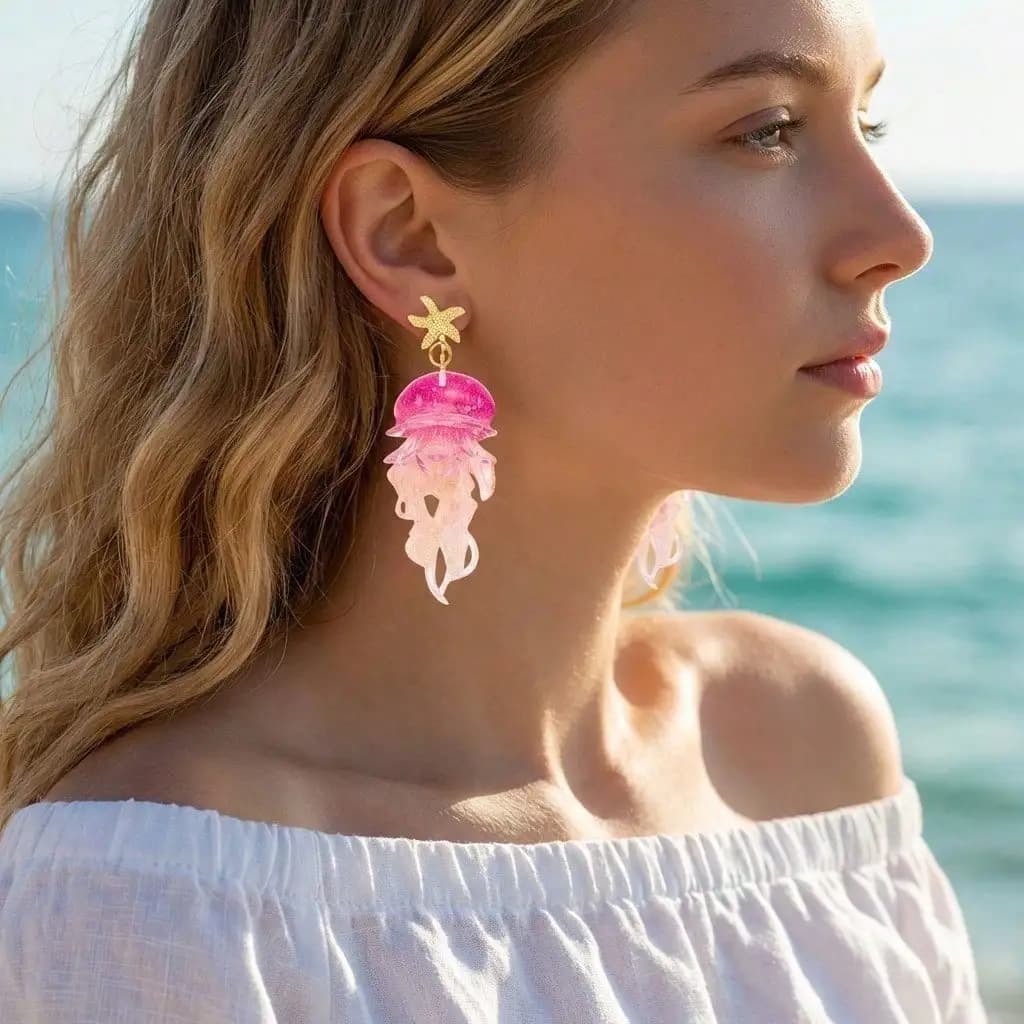 New ocean holiday wind starfish gradual change jellyfish acrylic earrings creative design personalized earrings