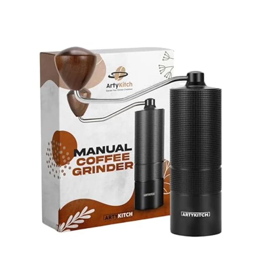 Portable stainless steel manual coffee grinder for camping kitchen: adjustable burr espresso maker in matte black