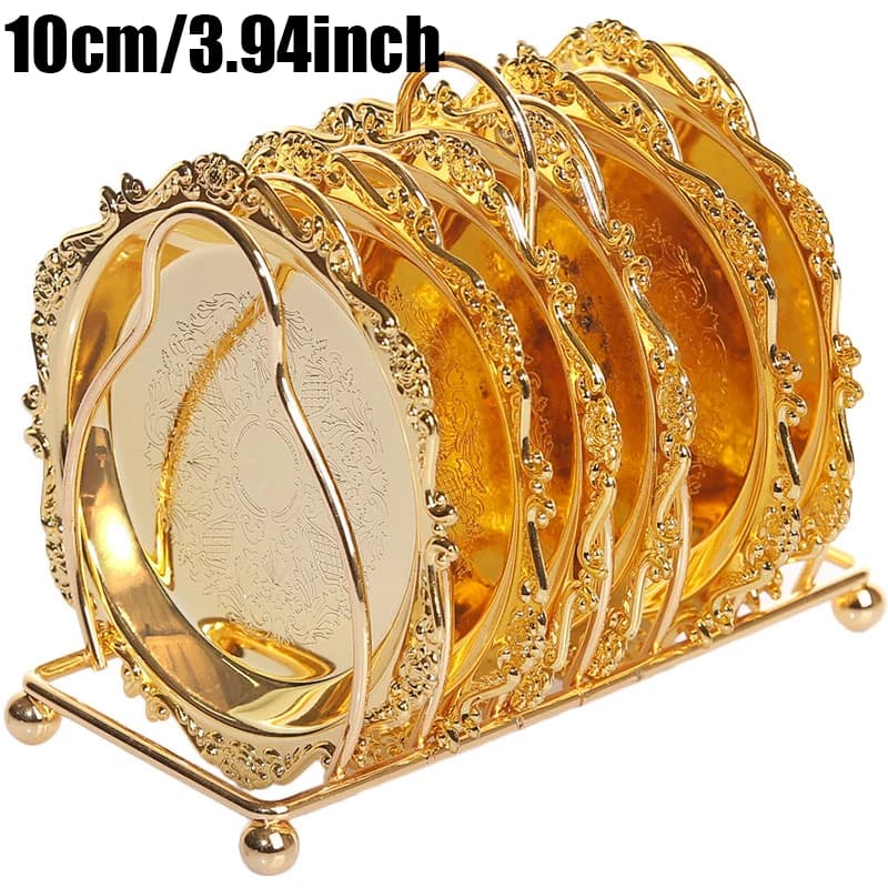 6pc Classical Golden Cocktail Coaster Metal Exquisite Cake Tray SetSilver Plated Mat Placemat Snack Tray Dishes Rack Set