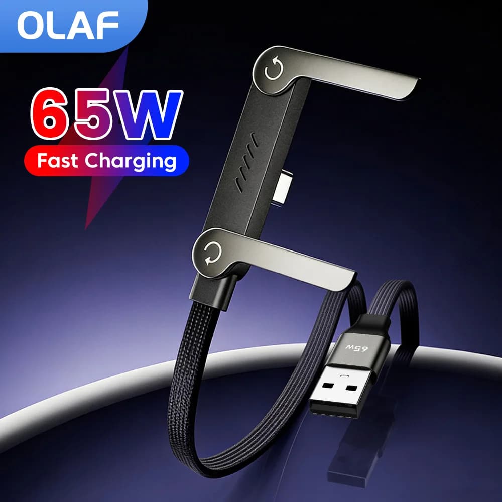 USB A to Type C fast charging cable from 65W 90 ° Foldable USB C charging cable with telephone support, data cable for Huawei Samsung