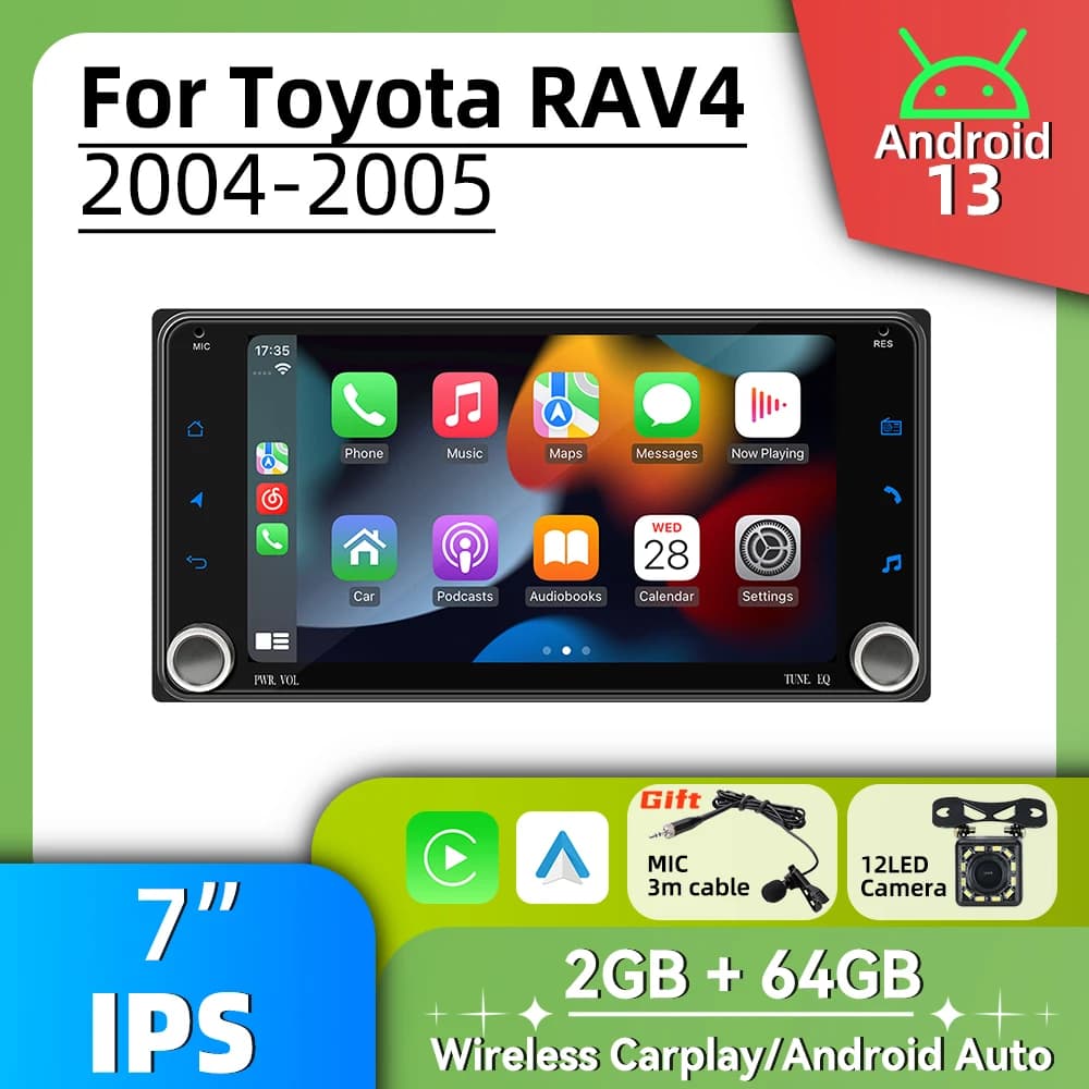 Car Radio 7" Stereo 2 Din Android Multimedia for Toyota RAV4 RAV 4 2004-2005 Wireless Carplay Android Auto Head Unit GPS BT WIFI