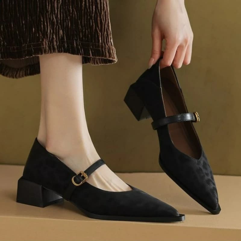 Vintage Pointed Toe Women Mary Jane Shoes Concise Shallow Buckle Shoes Spring New Ladies Elegant Leopard Thick Heel Dress Shoes