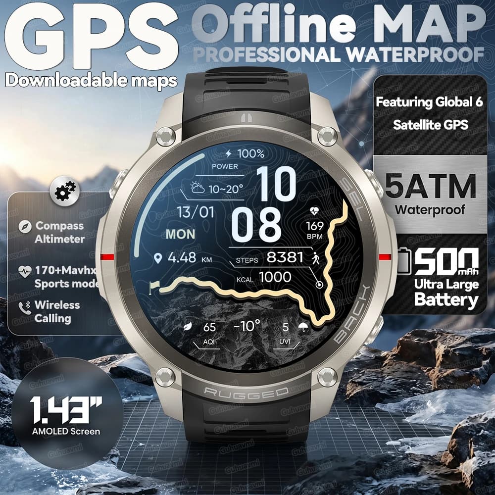 Nuovo Smartwatch GPS da Esterno 2026 con Mappe Offline, Bussola, Tracciamento, Impermeabile 5ATM, Braccialetto Sportivo Tattico per Uomo - Regalo