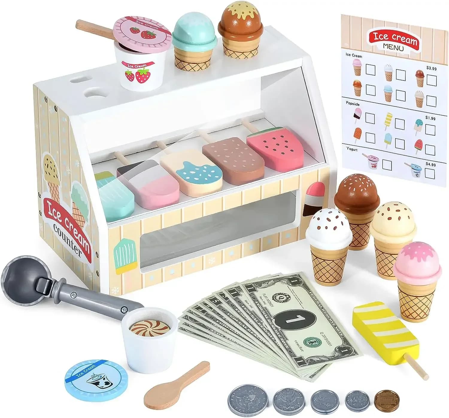 WE-Wooden Ice Cream Counter Playset, Montessori Pretend Play Kitchen Toy, Toddler Early Educational Role Play Accessories