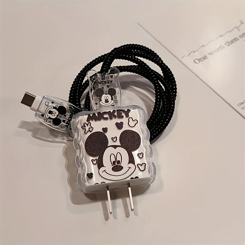 Disney Mickey Charger Protective Set, Fast Charging Head Cover Cable Clip Cable Strap For iPhone 12‑14 Pro Max 18W/20W