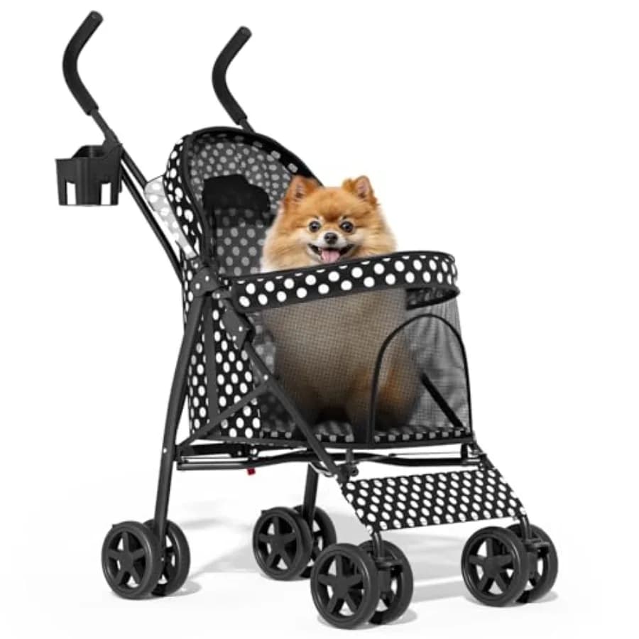 Passeggino per animali domestici per cani e gatti di taglia piccola/media, in poliestere con stampa a pois neri, design a ombrello facile da piegare, movimentazione a 4 ruote