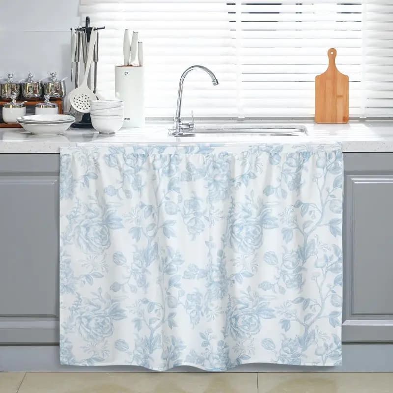 VIKAMA Blue Floral Rose Rod Pocket Under Sink Skirt Cabinet Curtain Farmhouse Kitchen Sink Decor Cover