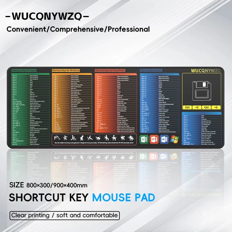 WUCQNYWZQ Excel Shortcut Keys Mouse Pad - Non-Slip PC Office Spreadsheet Keyboard Mat windows Large Cheat Sheet Gaming Mousepad