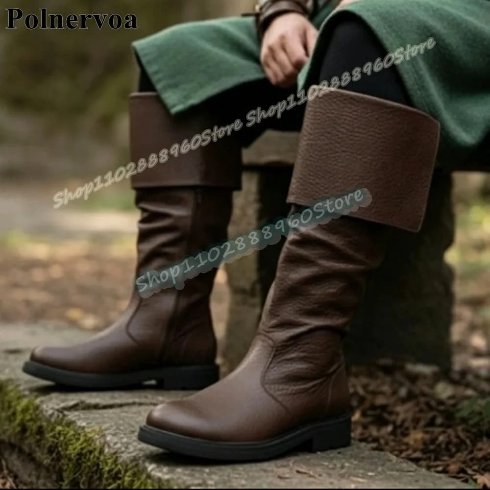 Stylish Mid Calf Brown Fold Over Casual Men Boots Flats Party Shoes For Men Slip On Banquet Catwalk 2026 Fashionable Men Shoes