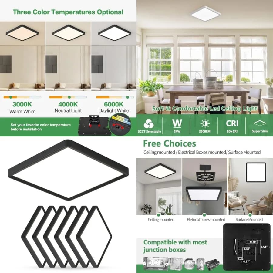 Plafoniera LED Quadrata da 12 Pollici, 24W, 2500LM, 3000K/4000K/6000K CCT Selezionabile, Pannello LED Piatto a Basso Profilo