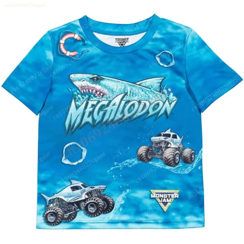 T-shirt per bambini Monster Jam Grave Digger con stampa completa, maglietta a maniche corte con grafica Monster Truck, top casual traspirante per ragazzi, da indossare tutti i giorni