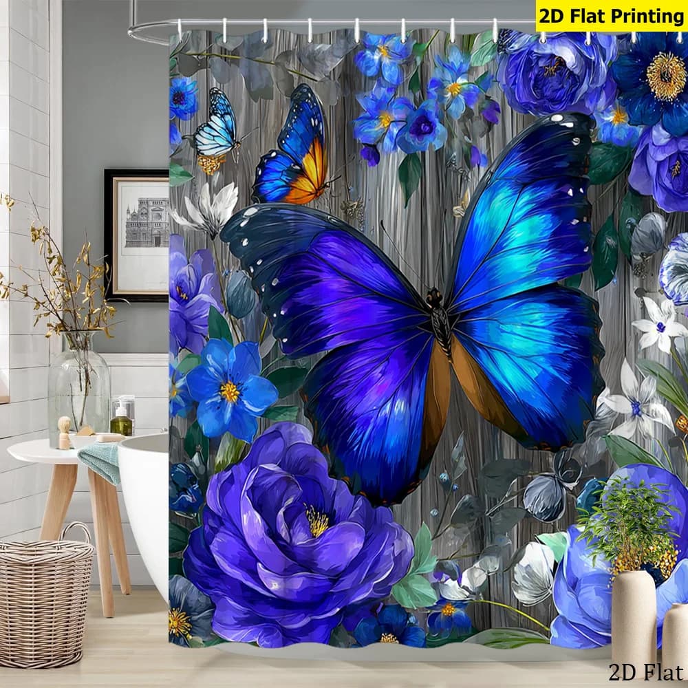 2D Flat, 2D Flat Shower Curtain, 1pc, Blue-Purple Floral Shower Curtain with 12 Hooks - Elegant Butterfly and Flower Design, Sui