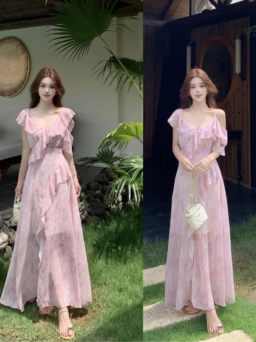 plus Size Floral Print Chiffon Dress with Belt Slimming A-Line Skirt Summer New Style Korean Style Commute Wind Short Sleeve ...
