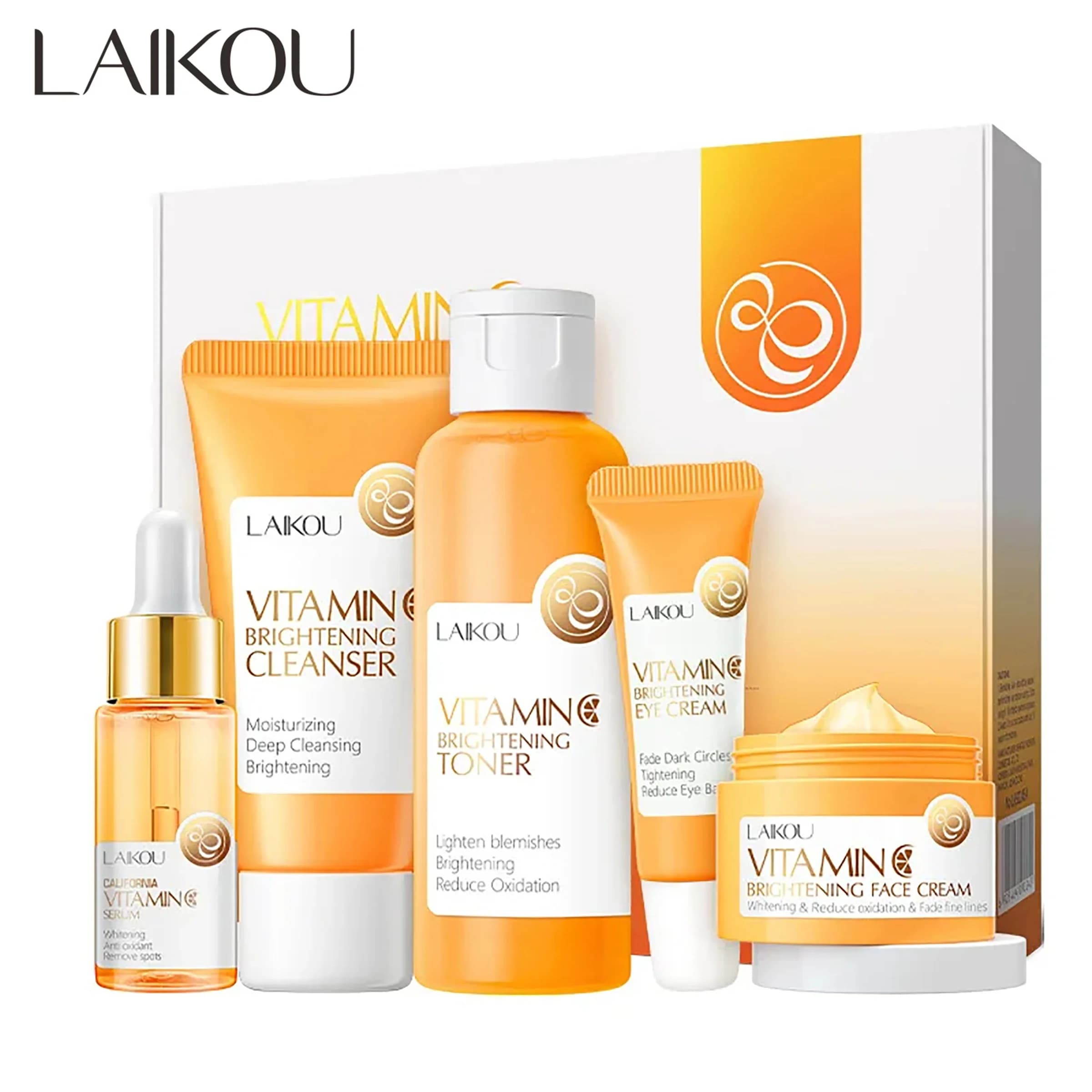 Set di prodotti per la cura della pelle alla vitamina C, 5 pezzi (detergente viso, siero, tonico idratante, crema contorno occhi, crema essenza) in confezione regalo.