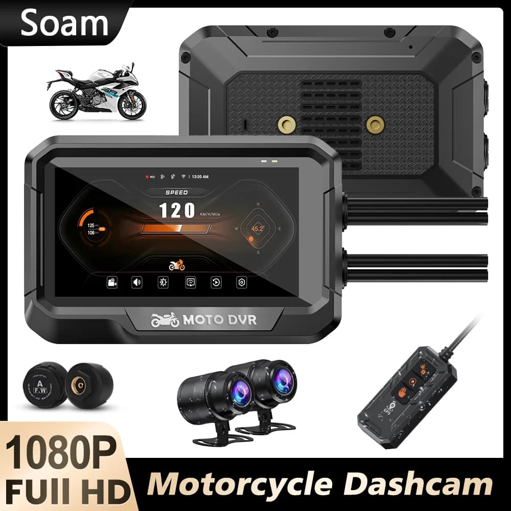 3.4 inch waterproof Carplay display for motorcycle Dash Cam 1080P GPS front and rear Wi-Fi 150 ° Parking mode for night vision