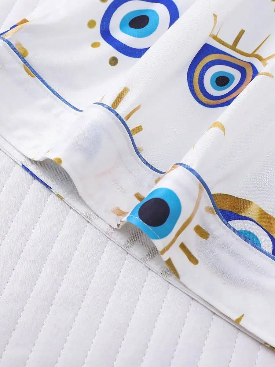 Women 2pcs Eye Print Short Sleeve Collared Pajama Set Elastic Waist Sleepwear Loungewear