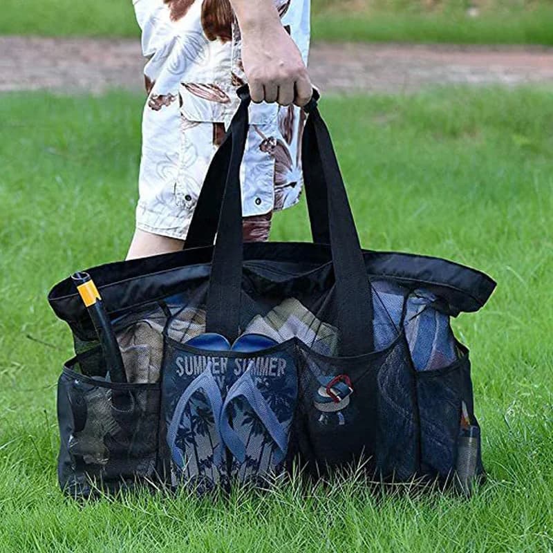 1PCS Large Capacity Beach Bag Mesh Beach Tote Bag Portable Folding For Shopping Swimming Camping Handbag Swim Pool Bag For Trip