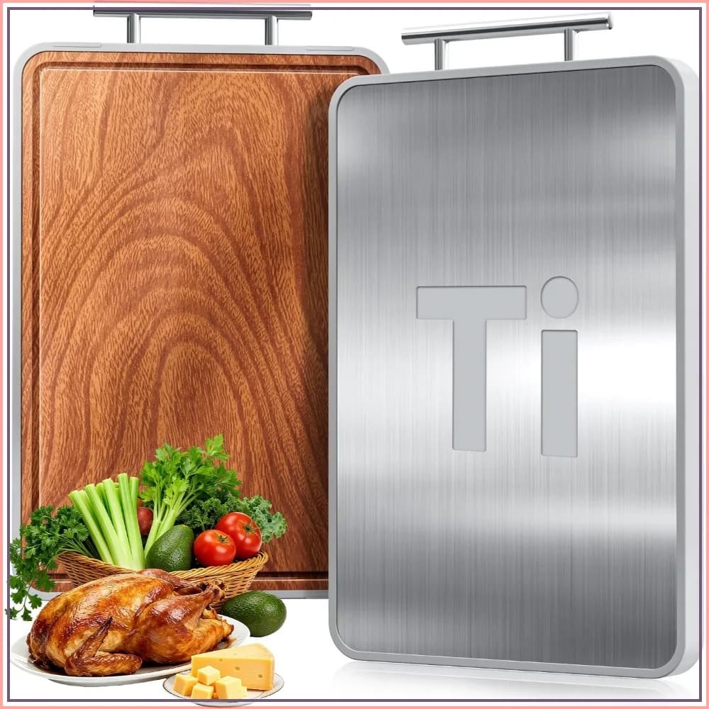 Double Sided Titanium & Ebony Wood Cutting Board with Juice Groove, Kitchen Chopping Board for Meat and Vegetables