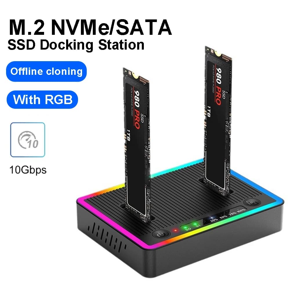Custodia SSD Duay-Bay M.2 NVMe/SATA Tipo C USB3.2 Custodia SSD esterna da 10 Gbps Clone offline Custodia PCIE NVme RGB per PC
