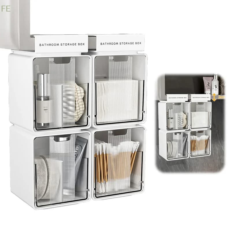 [F] Scatola portaoggetti trasparente per bagno, per bastoncini di cotone e cotone struccante, con cassetto estraibile, da posizionare sotto il mobiletto a specchio