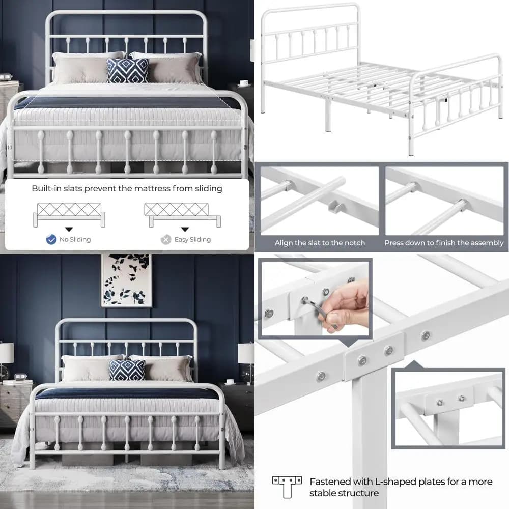 Letto matrimoniale classico bianco con piattaforma in metallo e pannello in ferro battuto, contenitore sotto il letto, non necessita di rete a molle
