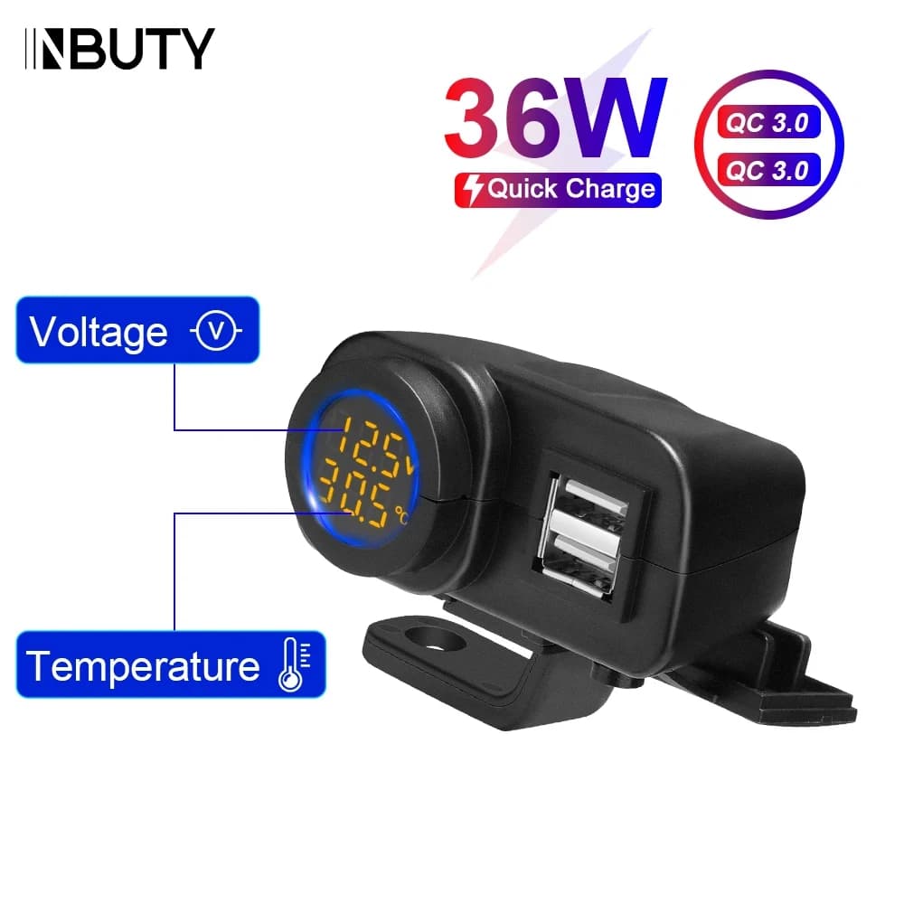 INBUTY Caricatore per moto 12V QC3.0 Doppio USB Caricatore rapido per telefono cellulare Voltmetro Termometro Presa per display per caricabatterie per telefono