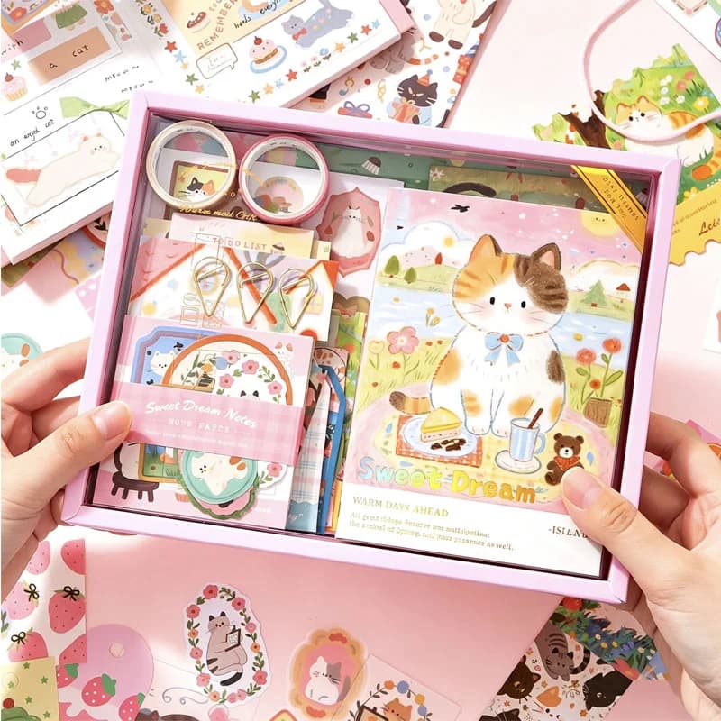 Cute Cat Themed Journal Gift Set Aesthetic Notebook Kit with Washi Tape Stickers Paper Clips for Students Scrapbooking Stationer
