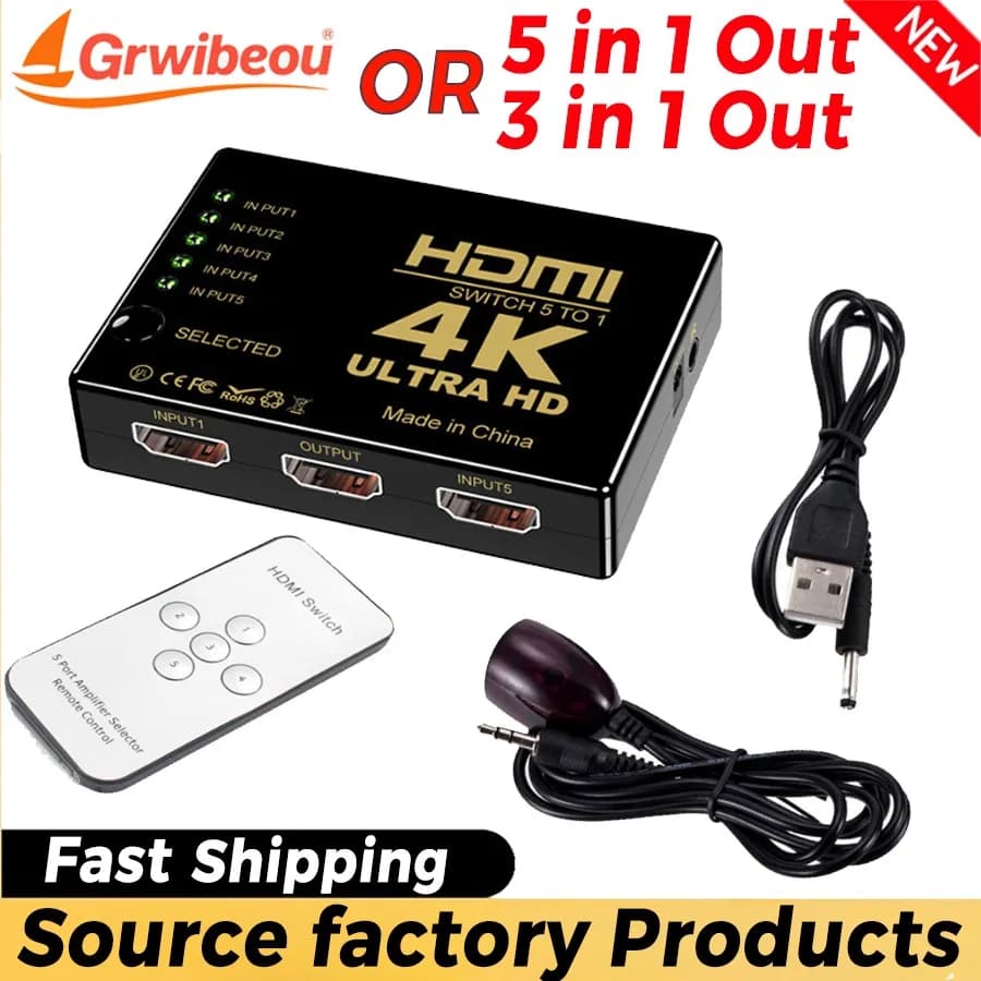 Switcher 4K HDMI Compatible Switch 5 video switches in 1 output Splitter Full HD video cable 1080P Splitter 3X1 for TV Box HDTV PC