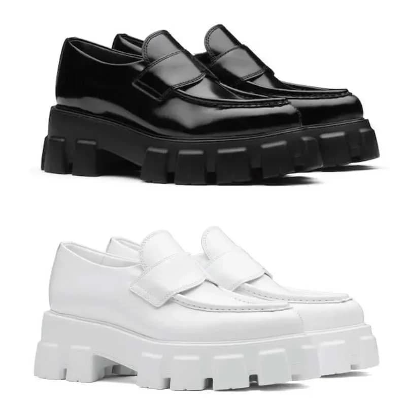 Monolith Scarpe da Donna Designer in Pelle Spazzolata, Mocassini a Punta, Sneakers con Plateau, Nero Bianco, Suola Chunky con Tacchetti da 55 mm, con smalto