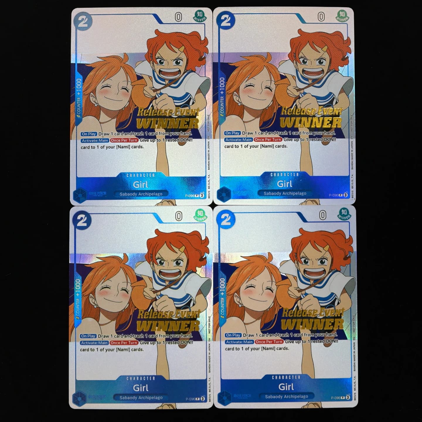 One Piece TCG OPCG English P-096 Girl Blue Girl play set Release Event Winner stamp with Hot stamping process